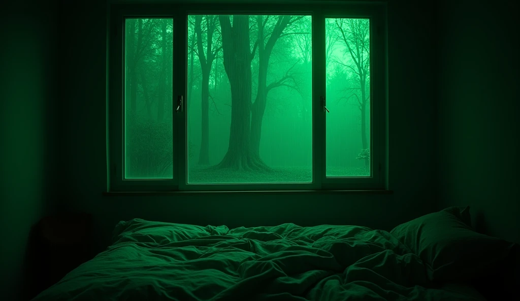 a dark room with a bed and a window with a green light shining through it, large windows to forest at night, green light coming from window, eerie room, many large green windows, room with eerie feeling, open window at night, window to night time, glowing windows, dark eerie movie frame, realistic. dark atmosphere, some green, large green glass windows, with glowing windows, eerie dark atmosphere, green rain, unsettling moody vibe, creepy ambience, dark eerie pic, creepy ambiance, green scary lights