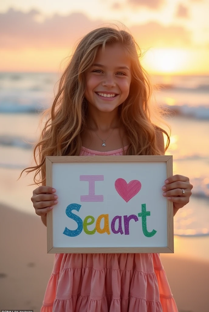 Beautiful girl with wavy long hair, bohemian dress, holding a white board with text "I Love Seaart Infinity" and showing it to the viewer