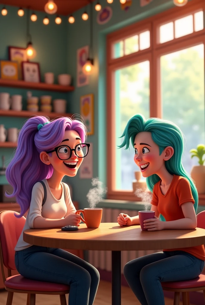 A trans woman and a non-binary person, gender-nonconforming people chatting in a coffee shop, recording a podcast as Pixar characters.