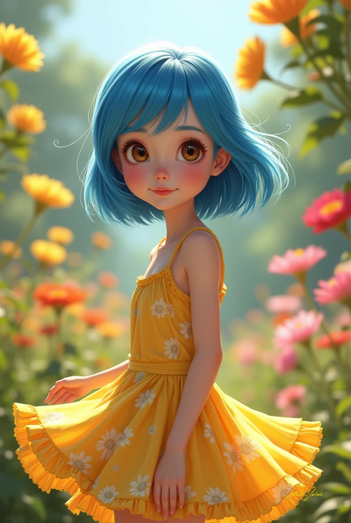 Blue-haired teenage girl, straight, very short and with bangs, large eyes, brown and expressive, Oval face, with high cheekbones and a small nose, slim and athletic body, with a female figure, with a yellow floral dress, white valettes