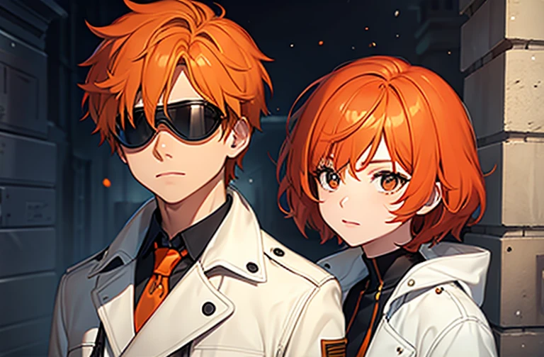 juvenile,scholar,Orange short hair,Goggles,White trench coat