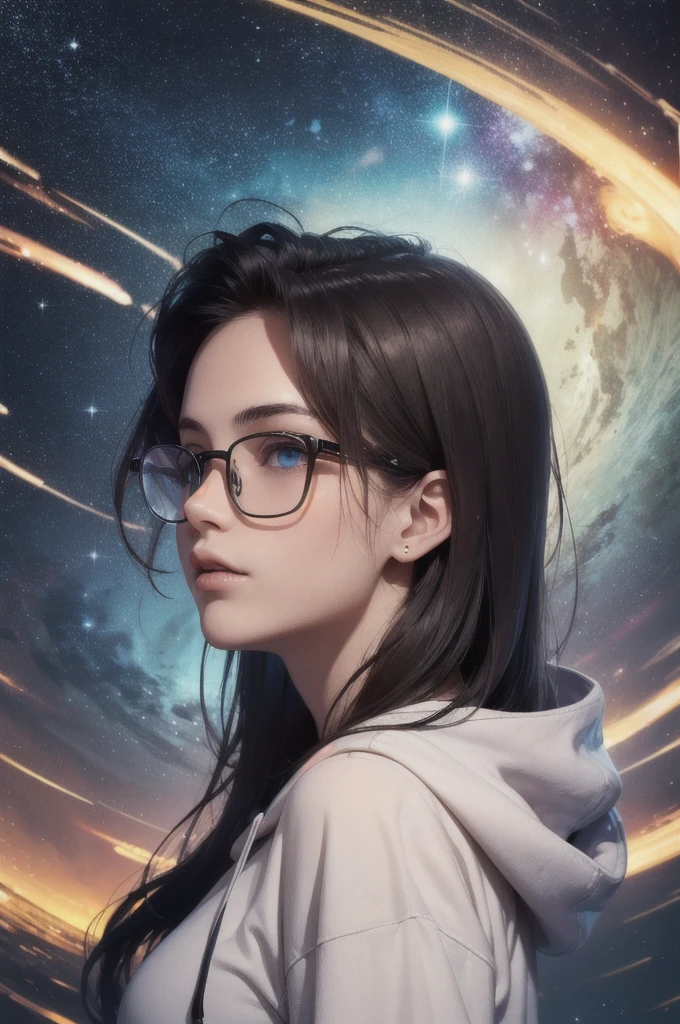 masterpiece, best quality, (absurdres, highres, ultra detailed), (absurdres, best quality:1.3, dark shot, extremely detailed), (masterpiece portrait of a girl, from side, upper body, looking up, blue eyes, natural skin texture, long dark hair, straight hair, floating hair, oversized hoodie, hood down), beautiful galaxy lighting up the sky, amazing background filled with cosmic swirls, (style-swirlmagic:1.2, style swirling cosmo magic:1.2, magical, magical swirls:1.1), (hyperrealistic, sharp), (vibrant colors),"Envision an expansive astral plane, glowing with soft luminescence in shades of starry yellows and reds, stretching endlessly upward. Central to this celestial scape is a mysterious young man, standing in harmony with the cosmos, gazing directly at you. He is 18 years old, with fair skin, dark brown eyes, and black hair combed to the left side, slightly spiky. He wears a white t-shirt and slightly rectangular glasses that reveal the vibrant, colorful universe behind him. A small mole is visible on his cheek, adding a touch of realism to his mystical presence. The lower half of the scene transitions into a dark, vaporous essence that drifts behind him like a comet's tail, merging with the astral hues. The portrait captures the magnificent presence of this young Brazilian man from Santa Catarina, embodying both the surreal and the mystical in complete harmony with the universe. Short hair, dark brown eyes.