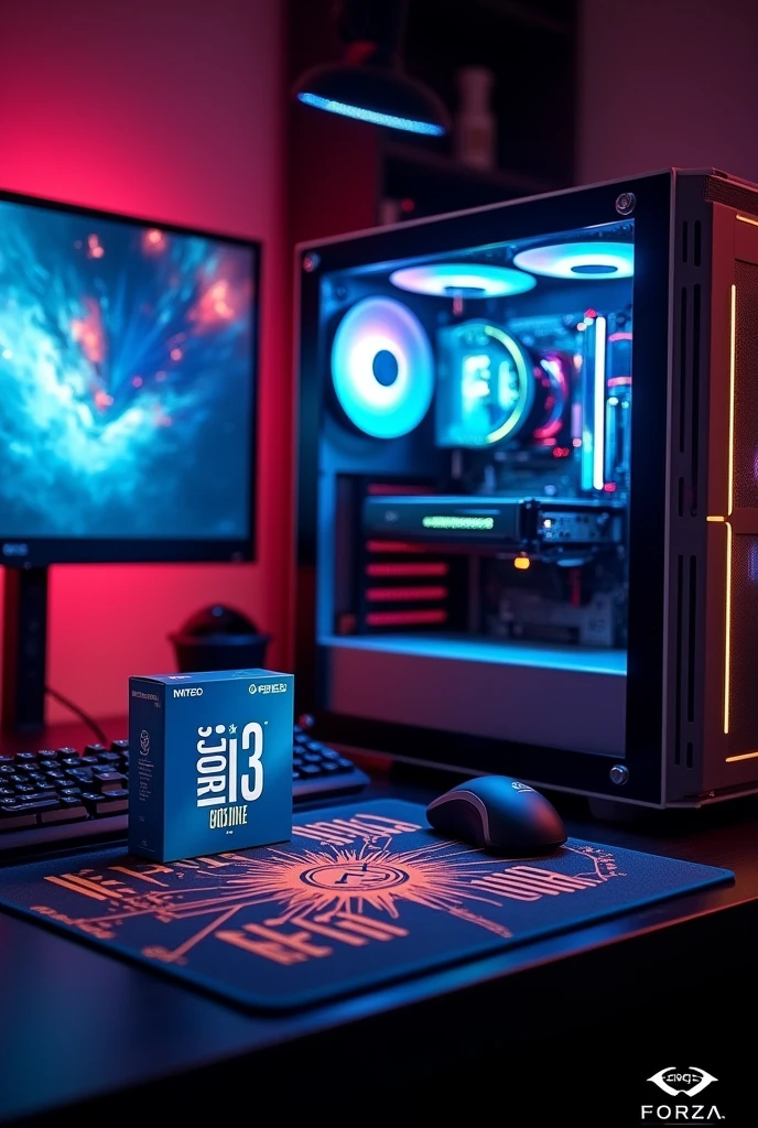 Create an advertising image of a CPU with the following specifications:
intel processor(r) Core i3-9100F CPU @ 3.20GHz 3.60GHz
rAM 8.00Gb
Solid State Drive M.2 128Gb
Placa Asus H310
Unidad de Estado rígido 1Tb
Tarjeta de Video NVIDIA GeForce GT 730
Case Hallion
Monitor LG 19"
Teclado y Mouse Teros
Estabilizado Forza
PadMouse
PrECIO S/950.00