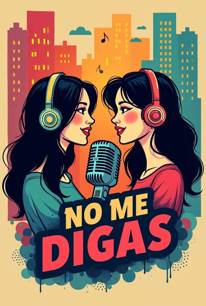 A radio program logo called NO ME DIGAS hosted by two young women with semi-long hair, both with black hair
