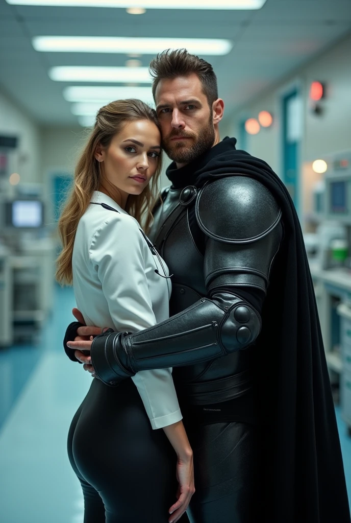 female doctor in latex leggings hugs a man in black armor and a cape, the man has light facial hair