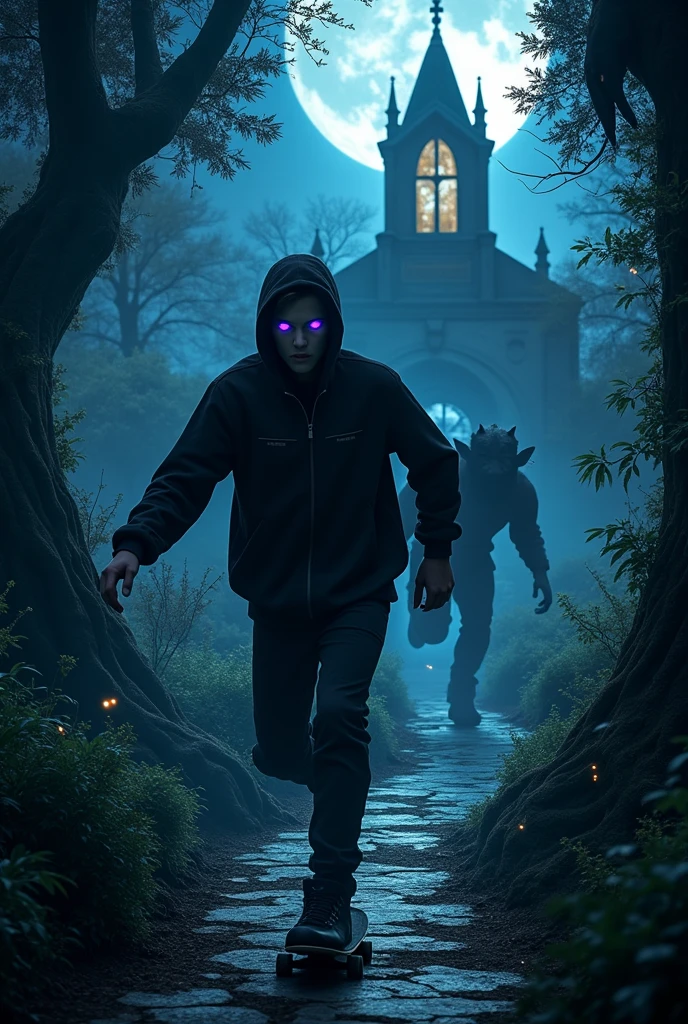Create a 3D book cover image with these descriptions: The cover should capture the mysterious and electrifying atmosphere of the nighttime escape through the shadowy garden. En el centro de la imagen, the protagonist, "lavender eyes," is a male teenager of , brownhair, purple eyes.can be shown from behind, skating at high speed through the garden, shrouded in an aura of pulsating darkness. He wears a black rubberized jumpsuit, with a helmet and night vision goggles, almost merging with the shadows around it.
Ao fundo, a dark and menacing creature, with a sleek body and sharp protrusions, emerges from the trees, his eyes shining an intense blue. The creature should appear ethereal and sinister., contrasting with the dense vegetation of the Atlantic Forest that makes up the garden. Moonlight filters through the treetops, casting long, distorted shadows across the path. Fireflies dance around, gently illuminating the scene with its soft light, creating a magical and at the same time frightening atmosphere.
The ancient, mist-shrouded chapel can be seen in the distance, seus contornos desgastados e janelas quebradas adicionando um toque de mistério e danger iminente. The name of the book, "Shadows of the Spell," must be written in gothic fonts, with a slight blue or silvery sheen, to reinforce the supernatural aura of the story.
This cover needs to convey a sense of urgency, danger, and the mix of magic and mystery that permeates the chapter.