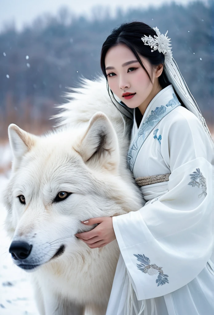 Korean woman, beautiful, pure white ancient Chinese dress  hugging a big white wolf beside her in the snowy field, It's snowing., The orange evening sun's shadow shines in the background.