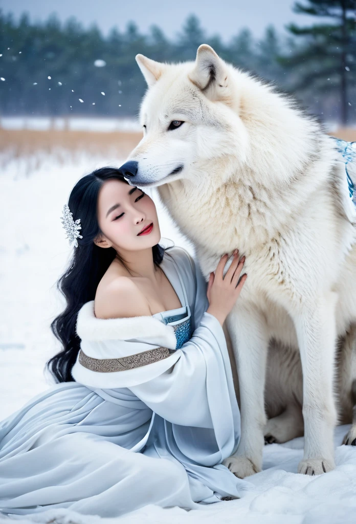 Korean woman, beautiful, pure white ancient Chinese dress  hugging a big white wolf beside her in the snowy field, It's snowing., The orange evening sun's shadow shines in the background.