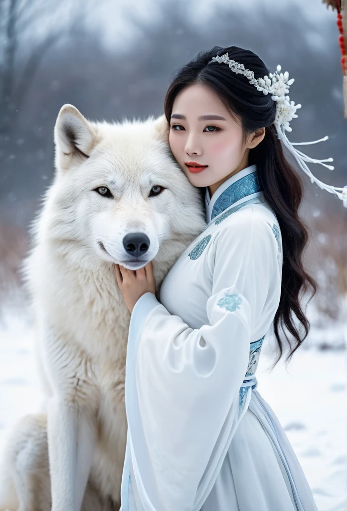 Korean woman, beautiful, pure white ancient Chinese dress  hugging a big white wolf beside her in the snowy field, It's snowing., The orange evening sun's shadow shines in the background.
