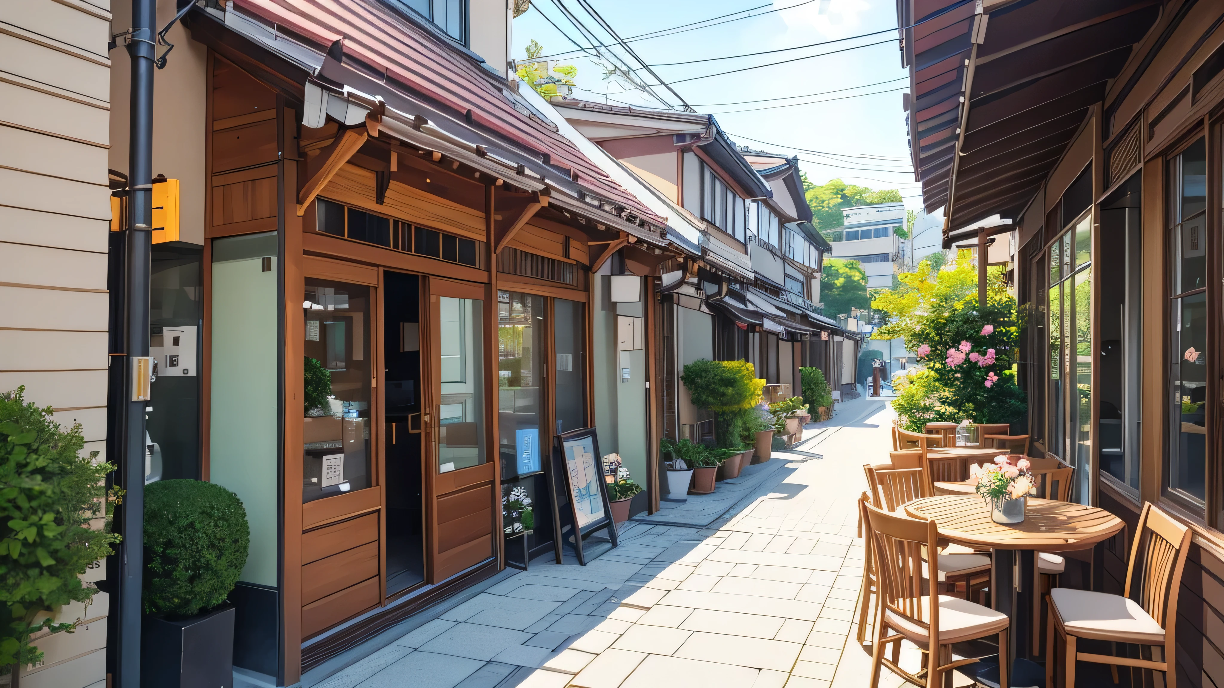 A charming, anime-inspired Tokyo café with soft pastel colors. The exterior is adorned with blooming flowers and decorative awnings. Inside, there are cozy seating areas with plush cushions, a counter with colorful pastries displayed, and large windows letting in warm, natural light. The atmosphere is lively yet relaxing, with small, detailed decorations like hanging plants and cute wall art adding to the overall cozy and inviting feel