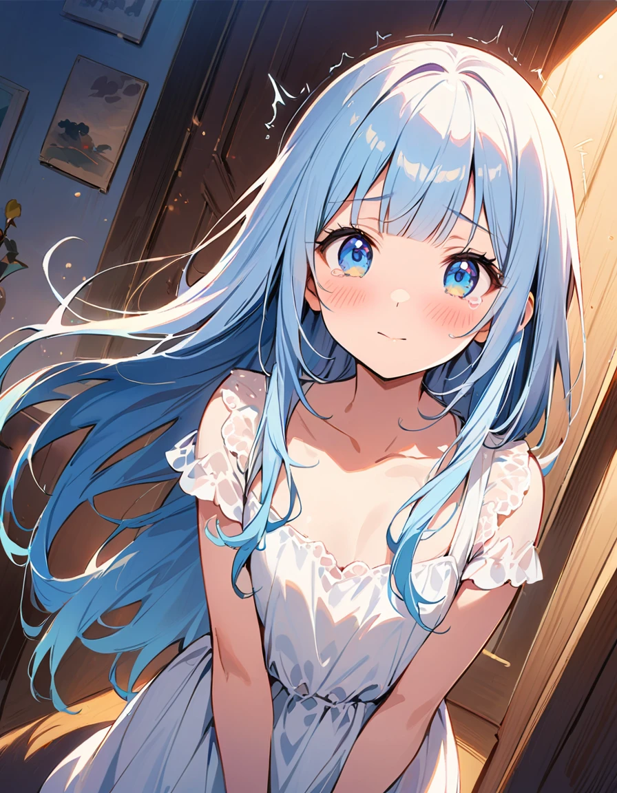 masterpiece, best quality, extremely detailed, (illustration, official art:1.1), 1 girl ,(((( light blue long hair)))), ,(((( light blue long hair)))),light blue hair, , long hair ((blush)) , cute face, big eyes, masterpiece, best quality,(((((a very delicate and beautiful girl))))),Amazing,beautiful detailed eyes,blunt bangs((((little delicate girl)))),tareme(true beautiful:1.2), sense of depth,dynamic angle,,,, affectionate smile, (true beautiful:1.2),,(tiny 1girl model:1.2),)(flat chest) ,,((crying)),((((twitching)))),White dress,,sunset,from above,viewer holding leash,collar,restrained, handcuffs, Japanese-style room
