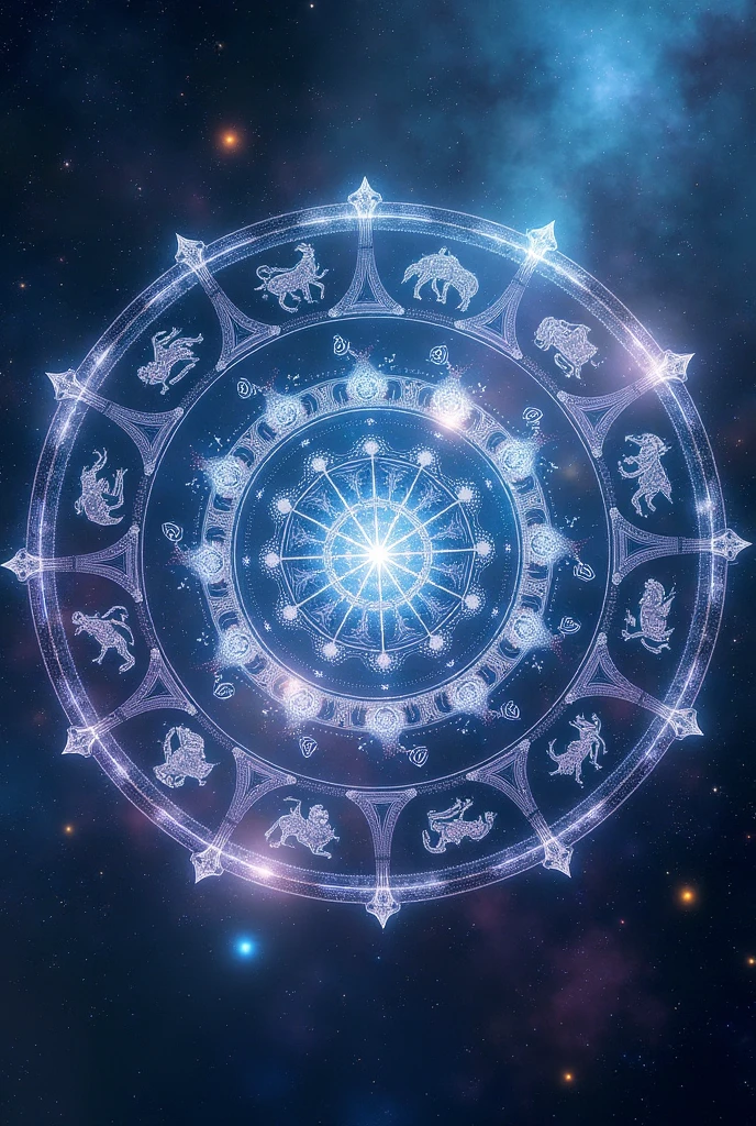 **1. General Scenario:** A composition centered on a large cosmic mandala that incorporates symbols of the 12 zodiac signs around a starry background.
**2. Background and Surroundings:** The background is a vast field of stars with a mix of cosmic colors, like dark blue, roxo e prata. nebulosas e galáxias pequenas podem estar espalhadas para adicionar profundidade e dimensão.
**3. zodiac signs:** Each zodiac sign is represented by its corresponding symbol, stylized and illuminated with a holographic effect. For example, Lion can be represented by a radiant lion, while Scorpio can be portrayed by a scorpion with light and shadow details.
**4. Additional Elements:** Around the central mandala, add visual representations of the signs in small constellations or as floating icons. Perhaps include lines connecting the signs to suggest the interconnectedness between them.
**5. Texture and Style:** Use a style that blends digital art and fantasy, with textures that mimic starlight and soft light effects. The mandala can have intricate details that represent astrological movements and cycles.n