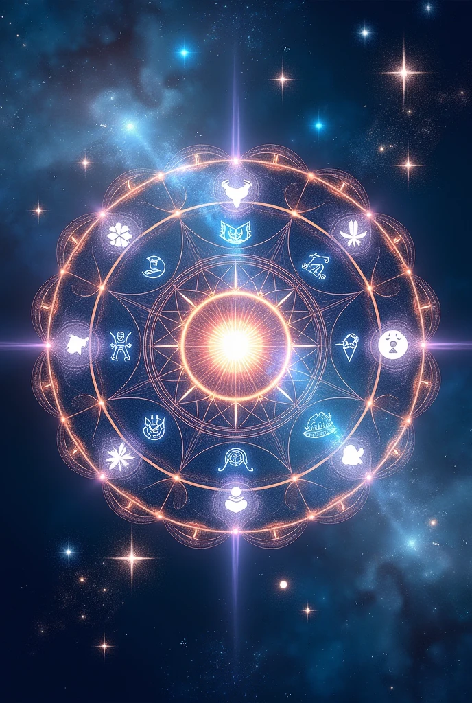 **1. General Scenario:** A composition centered on a large cosmic mandala that incorporates symbols of the 12 zodiac signs around a starry background.
**2. Background and Surroundings:** The background is a vast field of stars with a mix of cosmic colors, like dark blue, roxo e prata. nebulosas e galáxias pequenas podem estar espalhadas para adicionar profundidade e dimensão.
**3. zodiac signs:** Each zodiac sign is represented by its corresponding symbol, stylized and illuminated with a holographic effect. For example, Lion can be represented by a radiant lion, while Scorpio can be portrayed by a scorpion with light and shadow details.
**4. Additional Elements:** Around the central mandala, add visual representations of the signs in small constellations or as floating icons. Perhaps include lines connecting the signs to suggest the interconnectedness between them.
**5. Texture and Style:** Use a style that blends digital art and fantasy, with textures that mimic starlight and soft light effects. The mandala can have intricate details that represent astrological movements and cycles.n