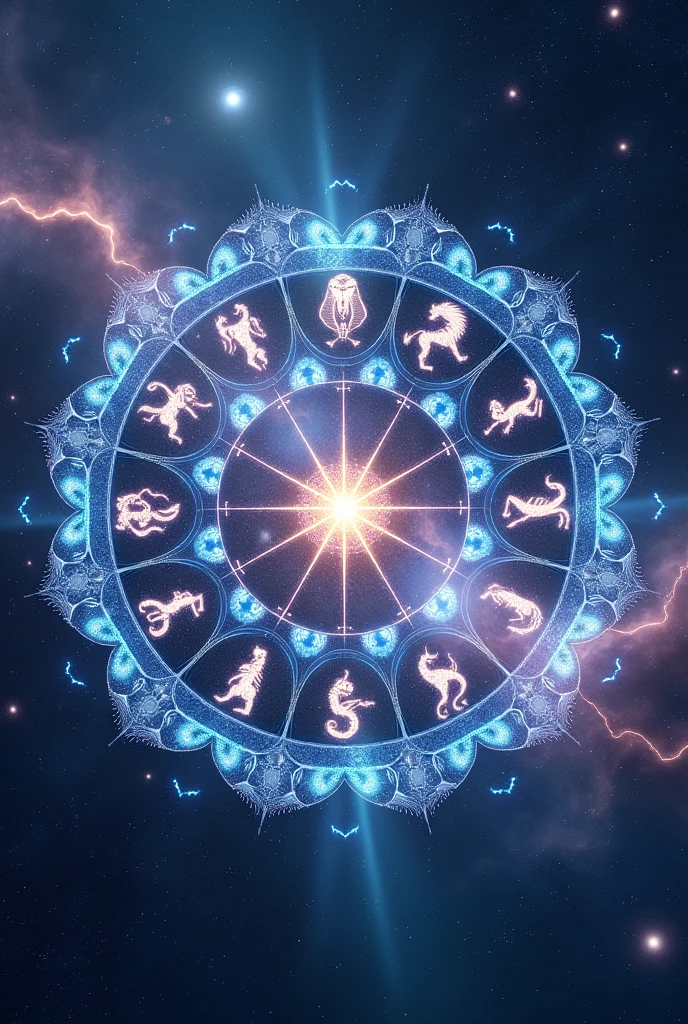 **1. General Scenario:** A composition centered on a large cosmic mandala that incorporates symbols of the 12 zodiac signs around a starry background.
**2. Background and Surroundings:** The background is a vast field of stars with a mix of cosmic colors, like dark blue, roxo e prata. nebulosas e galáxias pequenas podem estar espalhadas para adicionar profundidade e dimensão.
**3. zodiac signs:** Each zodiac sign is represented by its corresponding symbol, stylized and illuminated with a holographic effect. For example, Lion can be represented by a radiant lion, while Scorpio can be portrayed by a scorpion with light and shadow details.
**4. Additional Elements:** Around the central mandala, add visual representations of the signs in small constellations or as floating icons. Perhaps include lines connecting the signs to suggest the interconnectedness between them.
**5. Texture and Style:** Use a style that blends digital art and fantasy, with textures that mimic starlight and soft light effects. The mandala can have intricate details that represent astrological movements and cycles.n