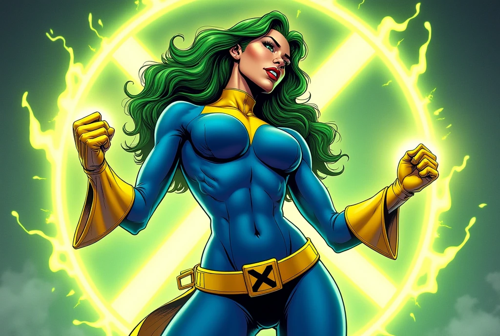 Lorna Dane, polaris x-men, (she perform a punch profile side pose:1.6), (green thick wavy long hair:1.4), (huge breast:1.6), wearing a blue costume, big yellow in the chest and stomach, with yellow xmen belt, yellow glowes, yellow boots, screenshot of a beat em up videogame, (she's surrounded by a green energy:1.5), (comic style:1.4) 