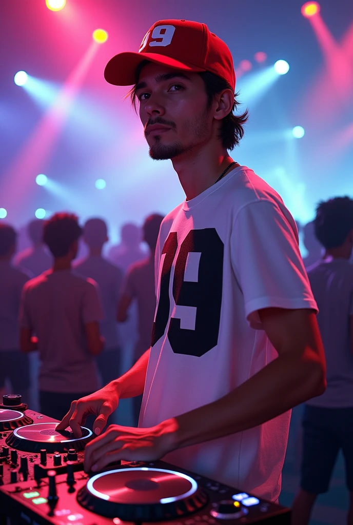 Avatar DJ with beard , tall, thin and brown with medium hair ,wearing a red cap with red 09 logo , white t-shirt with mirrored Dj Red 09 logo