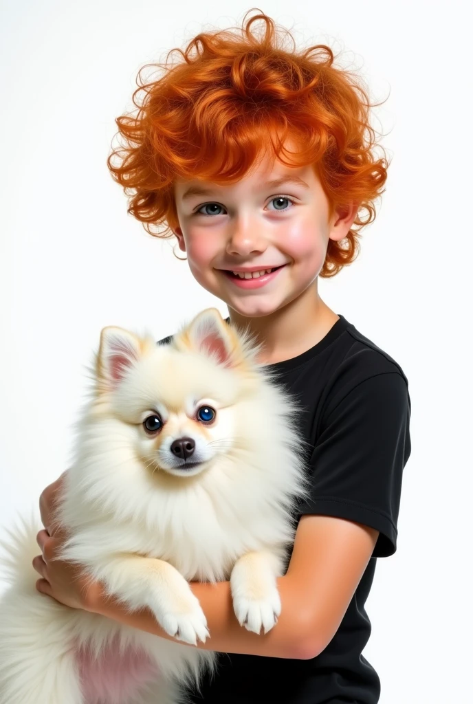 I want a red-haired boy with brown eyes and a black shirt next to a white Pomeranian with blue eyes. I want it for my phone wallpaper.(white background)