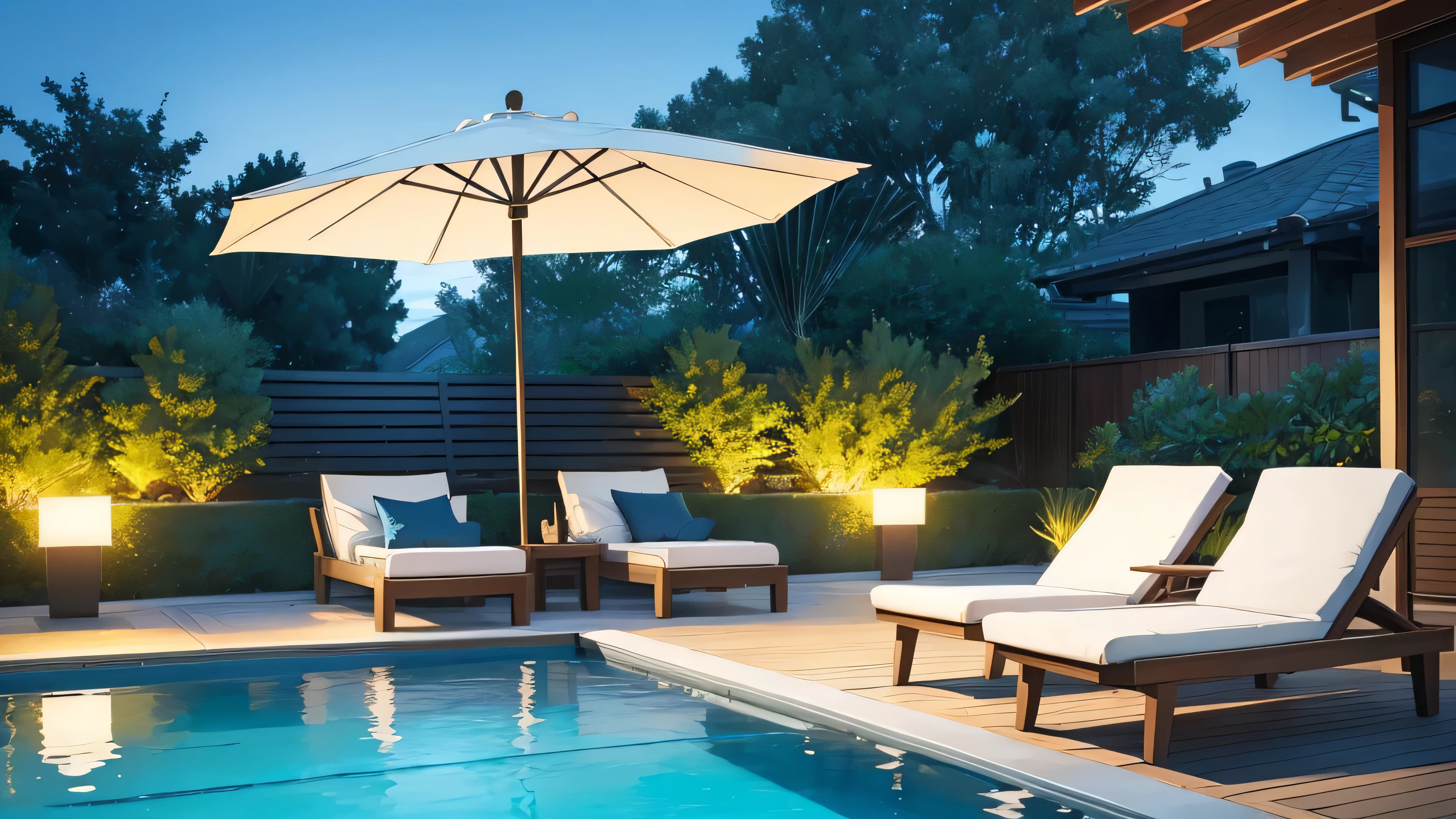 A spacious pool with a modern design, surrounded by luxurious tiles in soothing colors. The water is crystal clear and blue, reflecting the bright sky and sunlight. Along the edge of the pool, there are comfortable lounge chairs with colorful umbrellas for shade. Lush greenery and trees encircle the pool, adding a touch of nature and tranquility. On one side, a small fountain adds an elegant touch and movement to the water. Ambient lighting around the pool illuminates in the evening, creating a warm and relaxing atmosphere