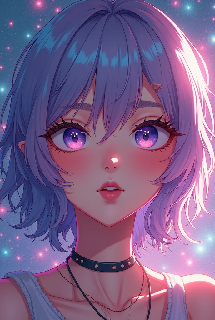 a close up of a woman with colorida hair and a necklace, garota de anime com cabelo cósmico, rossdraws pastel vibrante, artwork in the style of Guweiz, Estilo de arte de fantasia, colorida]”, estilo de fantasia vibrante, desenho animado rossdraws vibrante, cosmic and colorida, Guweiz, coloridal digital fantasy art, estilo de arte impressionante, lindo estilo de anime