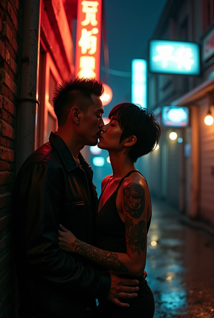 A mature Chinese anime male character with tattoos on his hands, short spiky hair, and a gangster vibe, is kissing an 18-year-old mature male character in a dark alley at night.