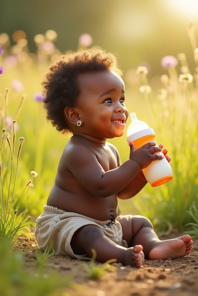 Full body side view realistic Ugly african baby boy licking bottle