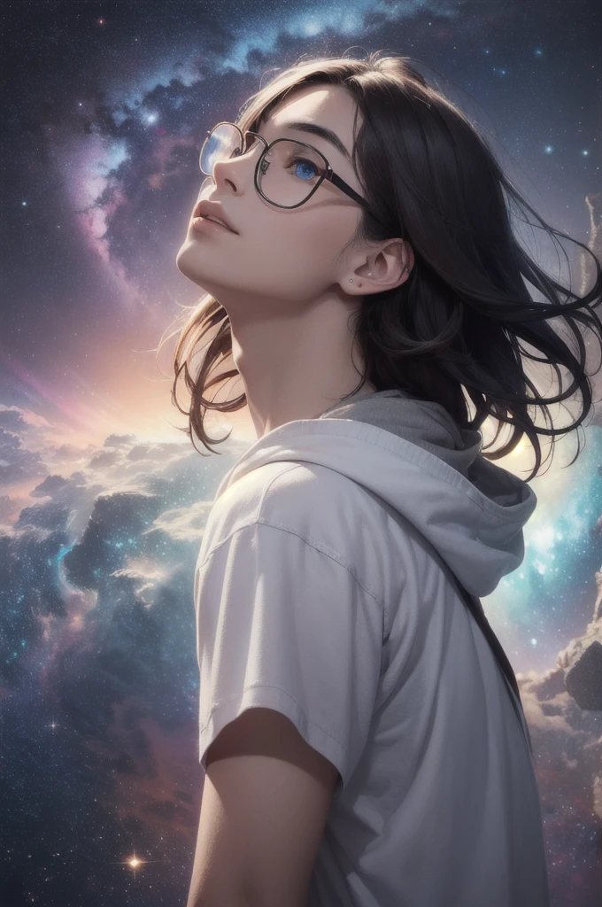 homem masterpiece, best quality, (absurdres, highres, ultra detailed), (absurdres, best quality:1.3, dark shot, extremely detailed), (masterpiece portrait of a girl, from side, upper body, looking up, blue eyes, natural skin texture, long dark hair, straight hair, floating hair, oversized hoodie, hood down), beautiful galaxy lighting up the sky, amazing background filled with cosmic swirls, (style-swirlmagic:1.2, style swirling cosmo magic:1.2, magical, magical swirls:1.1), (hyperrealistic, sharp), (vibrant colors),"Envision an expansive astral plane, glowing with soft luminescence in shades of starry yellows and reds, stretching endlessly upward. Central to this celestial scape is a mysterious young man, standing in harmony with the cosmos, gazing directly at you. He is 18 years old, with fair skin, dark brown eyes, and black hair comManbed to the left side, slightly spiky. He wears a white t-shirt and slightly rectangular glasses that reveal the vibrant, colorful universe behind him. A small mole is visible on his cheek, adding a touch of realism to his mystical presence. The lower half of the scene transitions into a dark, vaporous essence that drifts behind him like a comet's tail, merging with the astral hues. The portrait captures the magnificent presence of this young Brazilian man from Santa Catarina, embodying both the surreal and the mystical in complete harmony with the universe. Short hair, dark brown eyes.HOMEM