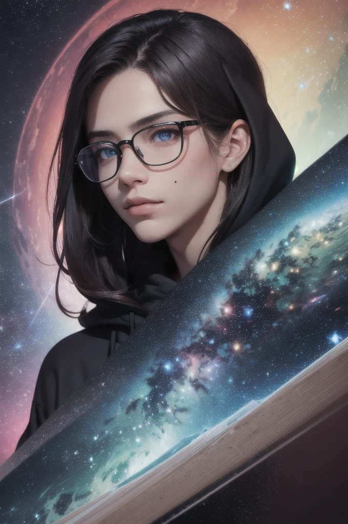 homem masterpiece, best quality, (absurdres, highres, ultra detailed), (absurdres, best quality:1.3, dark shot, extremely detailed), (masterpiece portrait of a girl, from side, upper body, looking up, blue eyes, natural skin texture, long dark hair, straight hair, floating hair, oversized hoodie, hood down), beautiful galaxy lighting up the sky, amazing background filled with cosmic swirls, (style-swirlmagic:1.2, style swirling cosmo magic:1.2, magical, magical swirls:1.1), (hyperrealistic, sharp), (vibrant colors),"Envision an expansive astral plane, glowing with soft luminescence in shades of starry yellows and reds, stretching endlessly upward. Central to this celestial scape is a mysterious young man, standing in harmony with the cosmos, gazing directly at you. He is 18 years old, with fair skin, dark brown eyes, and black hair comManbed to the left side, slightly spiky. He wears a white t-shirt and slightly rectangular glasses that reveal the vibrant, colorful universe behind him. A small mole is visible on his cheek, adding a touch of realism to his mystical presence. The lower half of the scene transitions into a dark, vaporous essence that drifts behind him like a comet's tail, merging with the astral hues. The portrait captures the magnificent presence of this young Brazilian man from Santa Catarina, embodying both the surreal and the mystical in complete harmony with the universe. Short hair, dark brown eyes.HOMEM