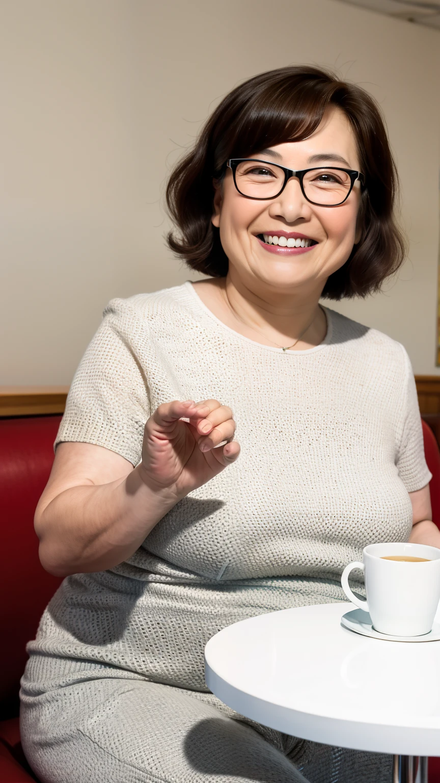 8k wallpaper, masterpiece, Highest quality, Very detailed, One Mature Woman, 50 years old, Become very clear, Wearing a short-sleeved knit, Skin dents, Captivating smile, Looking at the audience, No lapel microphone, Plump, Curvaceous, Attractive face, Smiling with teeth showing, I was happy, sitting in a cafe, Background Blur