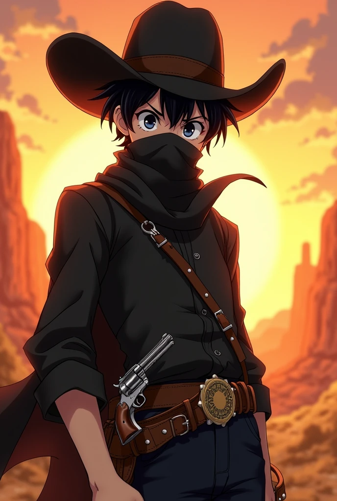  anime wallpaper: American OLD West Cowboy, white-skinned, Black hair and eyes, with a black bandana over his mouth, black hat, dark clothes, a holster with a Peacemaker revolver. EXTRA anime style. Rounder face. warm colours. Bandana OVER THE MOUTH, more anime