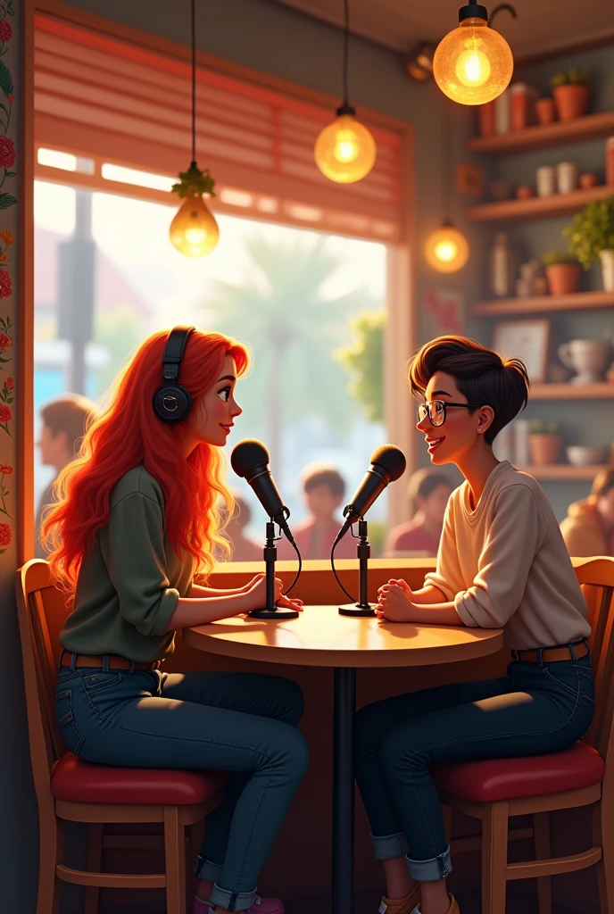 A trans woman with long hair and a non-binary person with short hair chatting in a coffee shop doing a podcast as Pixar characters