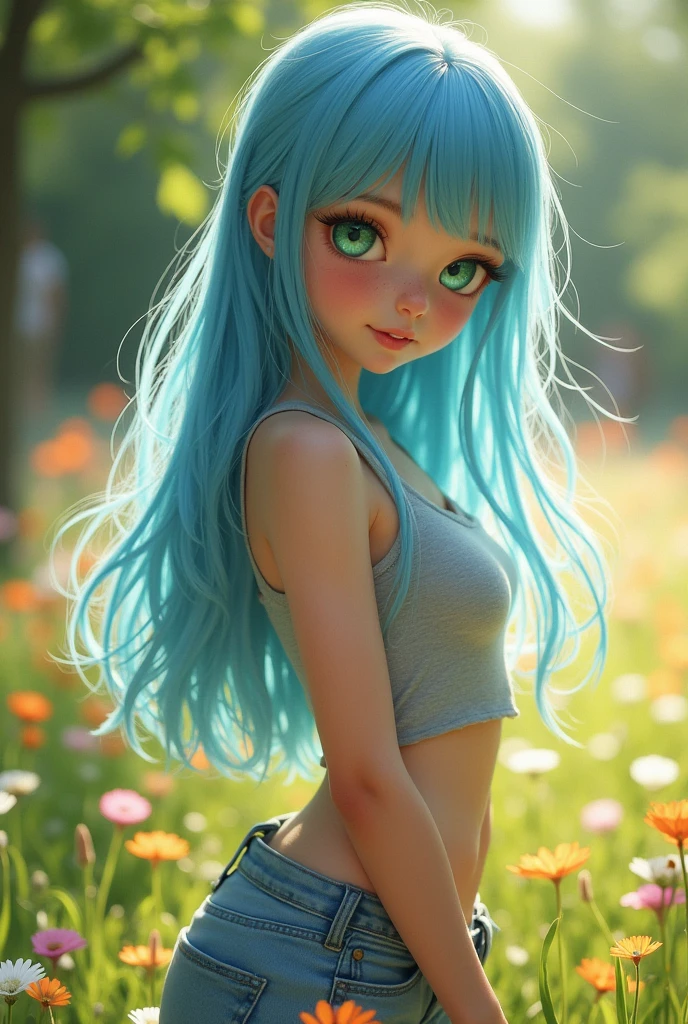 A girl of 1,60 meters with blue hair down to the waist, big green eyes, long lashes, delicate features, athletic body, with quite a bust