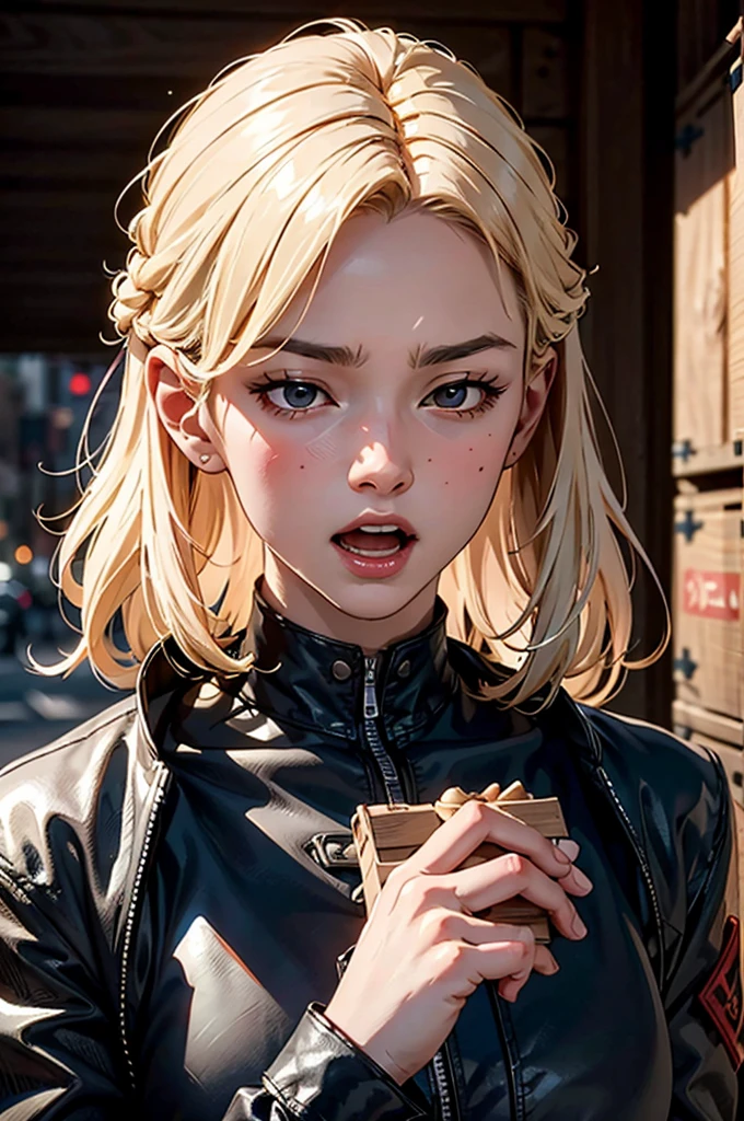((open mouth)), (closed eyes)) portrait, (absurd res, high res, ultra detailed), 1 male, adult, handsome, tall muscular guy, broad shoulders, blonde long hair, red eyes, finely detailed eyes, looking at viewer, solo, no background, detailed face, smirk, renegade, rugged dark leather clothes, small leather pouch, high fantasy medieval setting, smuggler hideout background, stealth, undercover, (crates in background), shadows, fog, (dutch angle), ((portrait)), black shirt, black jacket