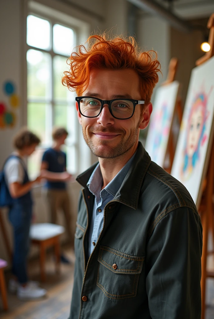 Professeur de dessin qui a des cheveux roux et qui a des lunettes noires