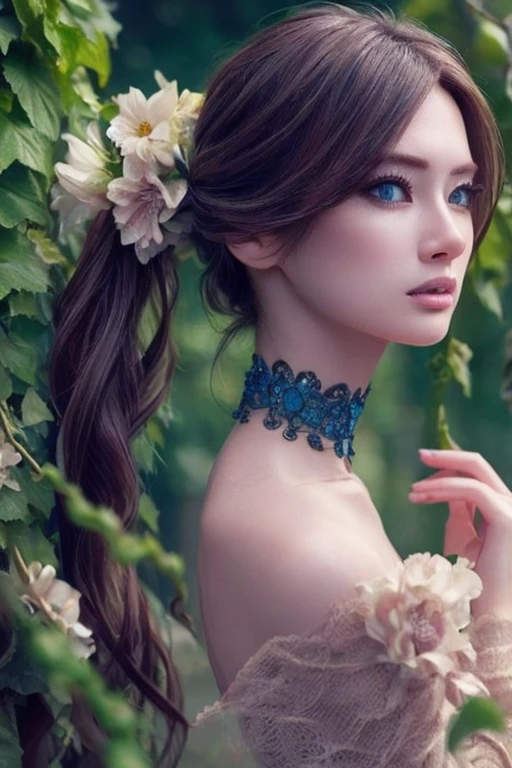 Beautiful black-haired woman with blue eyes, elegant and refined, fish, under sea,Highly detailed face, Detailed eyes, beautiful long eyelashes, complicated details, Award-winning digital art, movie light, Amazing color, realistic, 8k, Masterpiece、(Flowers hide her chest)、(A choker made of ivy)、(The entire body is covered in flowers)、(Bound by vines)、Super Real Photo、Illuminated from the left by strong light、((Flowers cover bare skin))、ponytail、(Bra made of flowers)、View from below、Highly detailed CG integration、Flowing Hair、Super long slit、Twin tails、Bun Hair、(Looking at the viewers with a lonely face)、Wavy Hair、Random Hairstyles