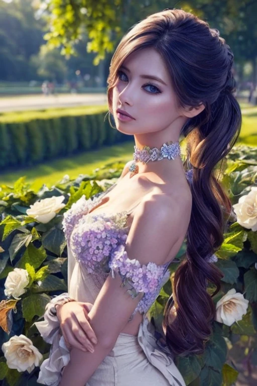 Beautiful black-haired woman with blue eyes, elegant and refined, fish, under sea,Highly detailed face, Detailed eyes, beautiful long eyelashes, complicated details, Award-winning digital art, movie light, Amazing color, realistic, 8k, Masterpiece、(Flowers hide her chest)、(A choker made of ivy)、(The entire body is covered in flowers)、(Bound by vines)、Super Real Photo、Illuminated from the left by strong light、((Flowers cover bare skin))、ponytail、(Bra made of flowers)、View from below、Highly detailed CG integration、Flowing Hair、Super long slit、Twin tails、Bun Hair、(Looking at the viewers with a lonely face)、Wavy Hair、Random Hairstyles