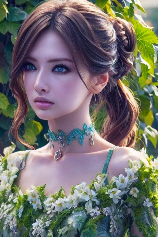 Beautiful black-haired woman with blue eyes, elegant and refined, fish, under sea,Highly detailed face, Detailed eyes, beautiful long eyelashes, complicated details, Award-winning digital art, movie light, Amazing color, realistic, 8k, Masterpiece、(Flowers hide her chest)、(A choker made of ivy)、(The entire body is covered in flowers)、(Bound by vines)、Super Real Photo、Illuminated from the left by strong light、((Flowers cover bare skin))、ponytail、(Bra made of flowers)、View from below、Highly detailed CG integration、Flowing Hair、Super long slit、Twin tails、Bun Hair、(Looking at the viewers with a lonely face)、Wavy Hair、Random Hairstyles