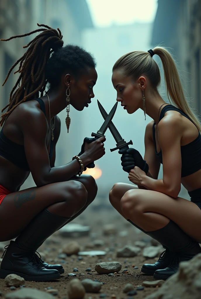 Two female assasins, one african with dreads and the other russian with ponytail, trapped together in a wartrench with bullets flying overhead, both are tactically crouched, pendents on their neck while they hold knives to eachothers throat, both have j cup boobs, both are dressed in sports underwear , and are fighting to kill eachother
