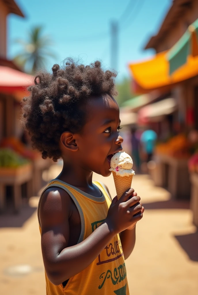 Full body side view realistic Ugly african baby boy licking