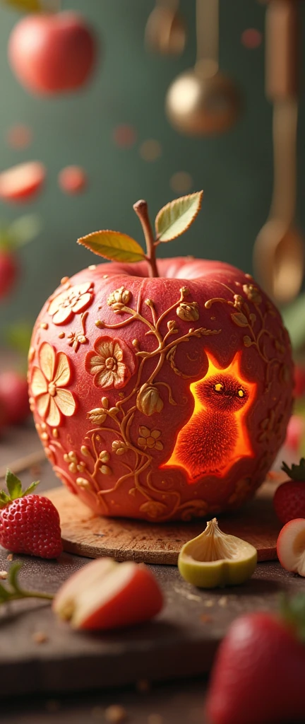 A mesmerizing, conceptual 3D render of a meticulously carved apple, showcasing an extraordinary fusion of floral patterns and whimsical creatures, including an extra fluffy baby raccoon with a realistic touch. The apple's surface is intricately detailed, highlighting the artist's exceptional skill and imagination. The enchanting scene takes place in a magical kitchen setting, where floating utensils, glowing ingredients, and a mystical fog create an otherworldly atmosphere., 3d render, conceptual art, photo, product