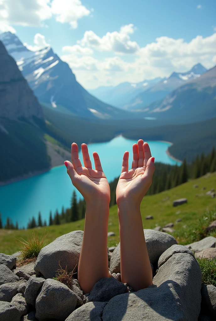 Mains de femme qui se libèrent d’une chaîne cassée en deux, avec un fond d’écran de montagnes moitié enneigées, moitié vertes