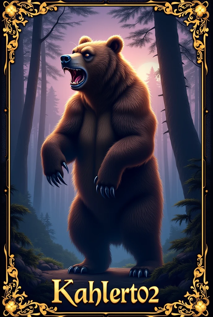 create a picture, In the background there should be an angry bear., The text should be Kahlert02, and the borders should be gold