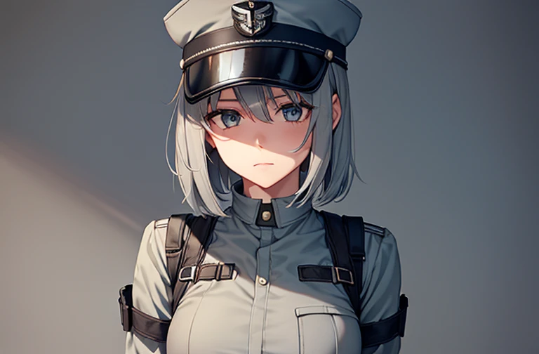 Girl,militarist,Silver short hair,Wide Brim Hat,Gray military uniform