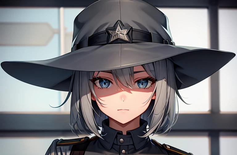 Girl，militarist，Silver short hair，Wide Brim Hat，Gray military uniform