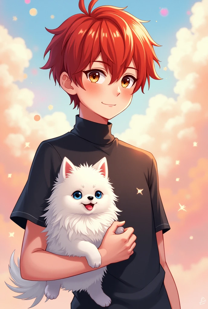 I want a red-haired boy with brown eyes and a black shirt next to a white Pomeranian with blue eyes. I want it for my phone wallpaper.(in drawing style)
Nao eu quero in drawing style desenhado mesmo!