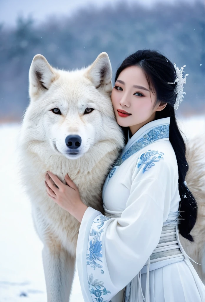 Korean woman, beautiful, pure white ancient Chinese dress ￼ hugging a very big white wolf beside her in the snowy field, It&#39;s snowing., The orange evening sun&#39;s shadow shines in the background.
