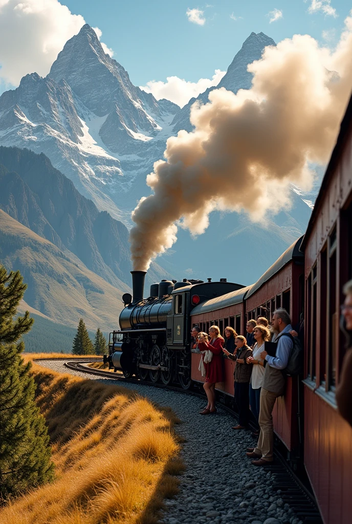 train. With mountains and people smiling