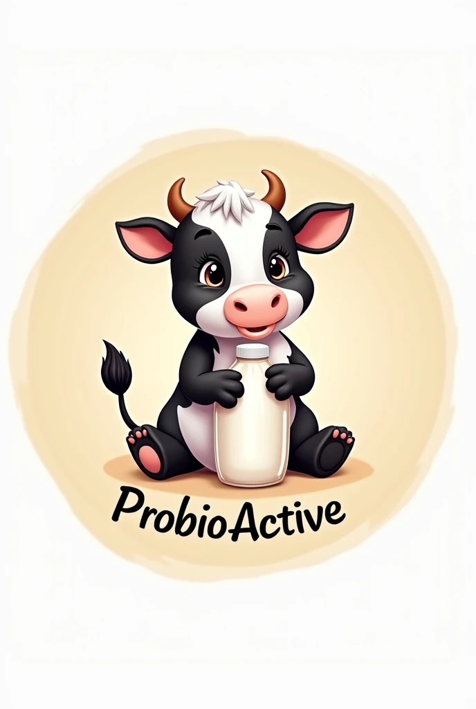 Cute animated black and white cow sitting with long eyelashes holding a bottle of milk. Round image with the word ProbioActive in italics below.