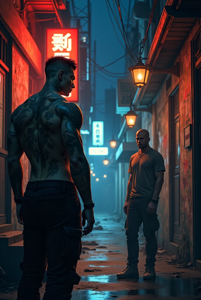 Adult Chinese anime male character with tattooed arm short hair with buzz cut is a gangster looking at adult male character without tattoos in the corner of the street at night