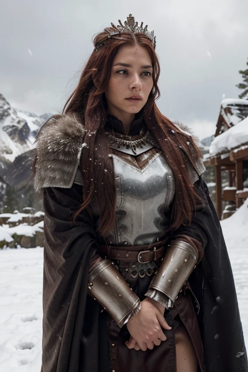 
A warrior princess in a snowy mountain setting. Her hair is long, a vibrant red and slightly disheveled, wears a jeweled crown, Reflecting the harshness of the climate. She wears armor with leather and metal details, He wears a wolfskin cloak over his clothes., which gives her an imposing and resilient look. His expression is fierce and determined, highlighting the warrior's relentless character.