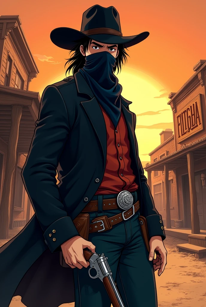 anime wallpaper: American OLD West Cowboy, white-skinned, Black hair and eyes, with a black bandana over his mouth, black hat, dark clothes, a holster with a Peacemaker revolver. EXTRA anime style. Rounder face. warm colours. Bandana OVER THE MOUTH, more anime. adolescent